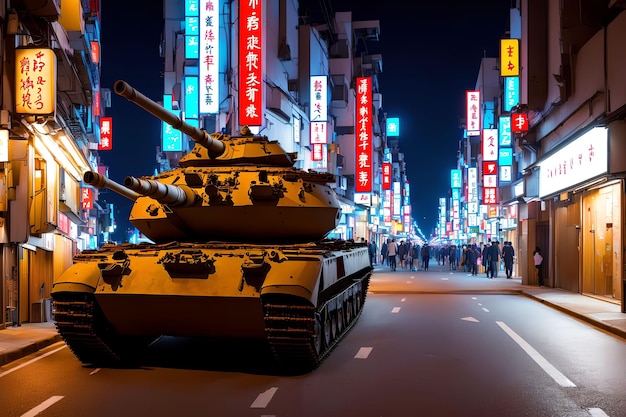 Armor tank in street night at japan generative art by AI