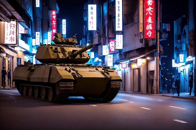 Armor tank in street night at japan generative art by AI