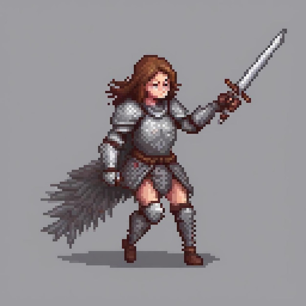 Armorclad female warrior wielding a sword in pixel art style