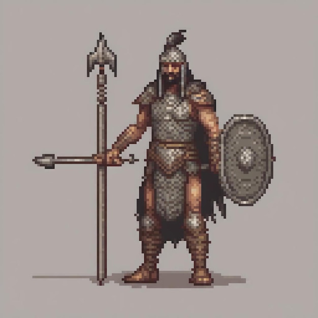 Armorclad warrior wielding a spear and shield in pixel art