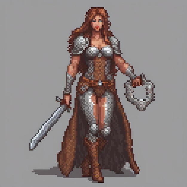 Armorclad warrior wielding sword and shield in pixel art