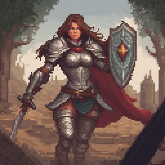 Armorclad warrior wielding sword and shield in pixel art