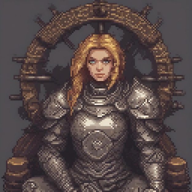 Armorclad woman seated on a majestic throne pixel art style