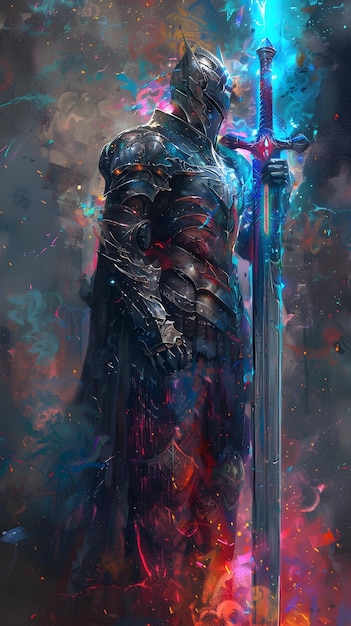 Photo armored fantasy warrior wielding glowing sword in vibrant surreal landscape