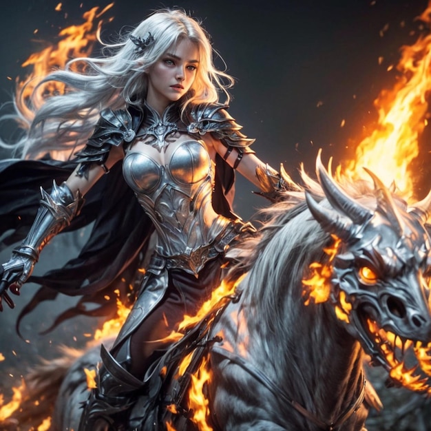 Armored female on fiery horse