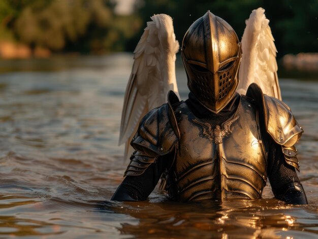 Photo armored knight standing in water