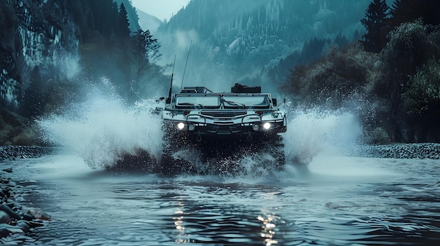 Armored Personnel Carrier Traversing River with Dramatic Splashing