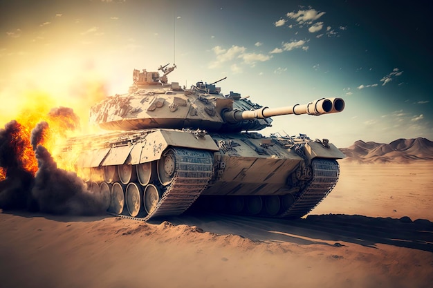 Armored tank crosses a mine field during war invasion epic scene of fire and some in the desert