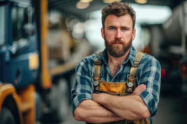 Arms crossed the proprietor of a truck repair shop Generative Ai