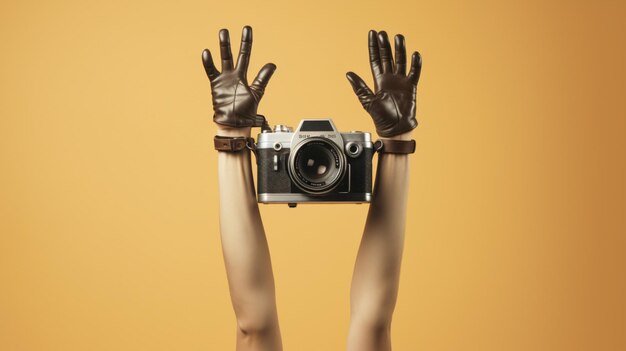 Arms up holding vintage camera