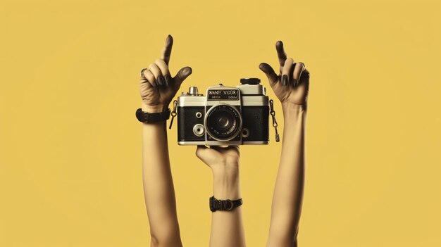 Arms up holding vintage camera