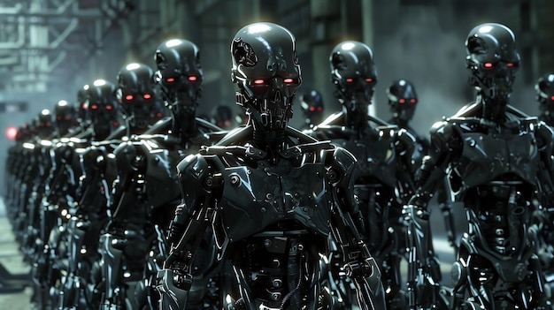 An army of dark and menacing robots marches forward their red eyes glowing in the gloom