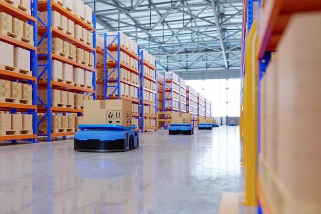 An army of robots efficiently sorting hundreds of parcels per hour (Automated guided vehicle) AGV. 3D rendering