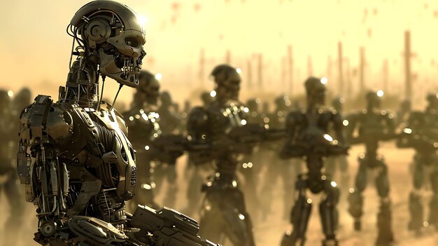 An army of skeletal robots marches across a barren desert landscape The robots are armed with rifles and have a variety of mechanical attachments