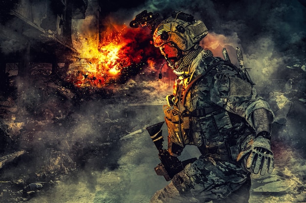 Army soldier in action. Great explosion with fire and smoke billows