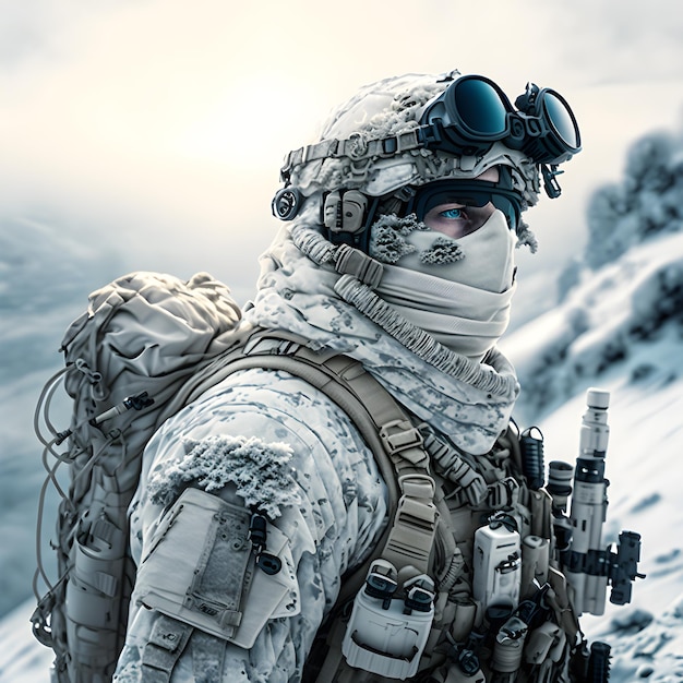 Army soldier in Combat Uniforms with assault rifle, plate carrier and combat helmet are on in snow m