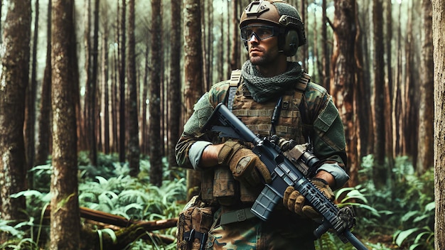 Army Soldier Skillfully Maneuvers Through the Amazing Forest Shadows in the Secret Mission