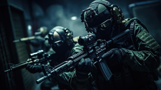 Army special forces teams in high security locations using night vision goggles and firearms