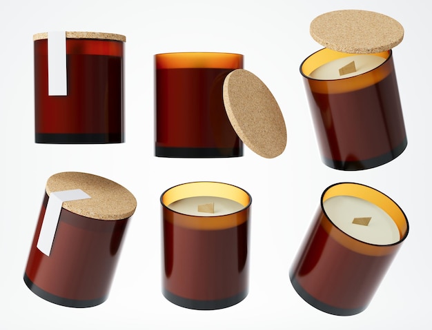 Aroma candle with wooden wick in amber glass jar with cork lid 3D render branding and design ready