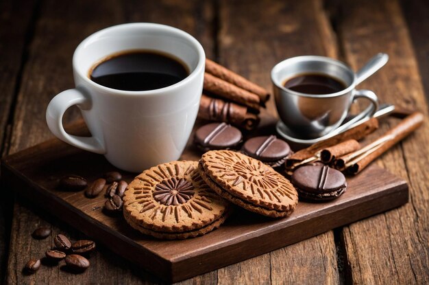 Aroma Coffee and Cocoa Biscuits on Wooden Plate