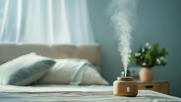 Aroma humidifier in a serene bedroom setting A minimalist bedroom with blue and white decor featuring an aroma humidifier emitting steam on the bed