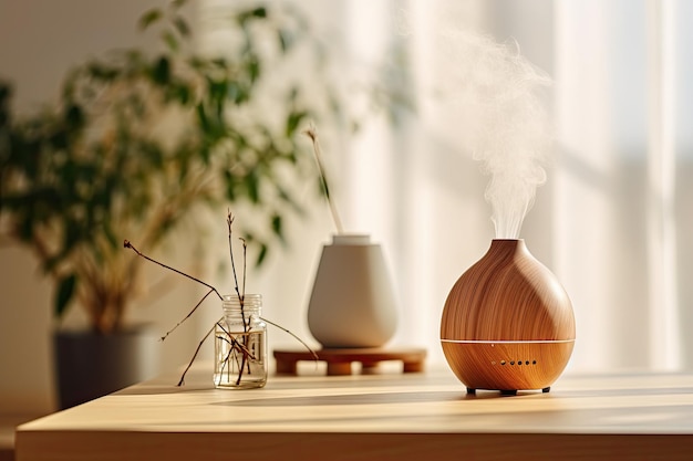 An aroma oil diffuser and a reed air freshener are placed on a table within a room