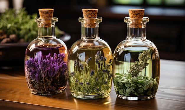 Aromatherapy bottles with herbs and oil on a wooden table