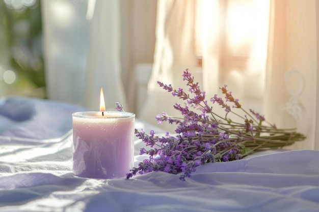 Aromatherapy concept Violet scented candle with lavender flowers Generative AI