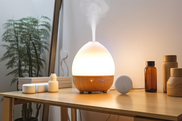 Aromatherapy diffuser with mist of essential oils in a yoga studio