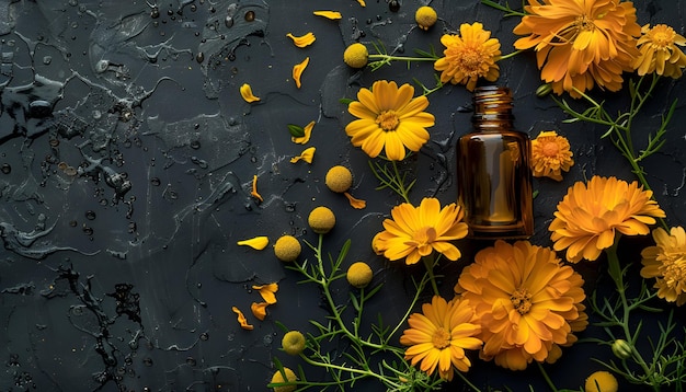 Aromatherapy essential oil with marigold flowers on black background with copy space for your text Top view