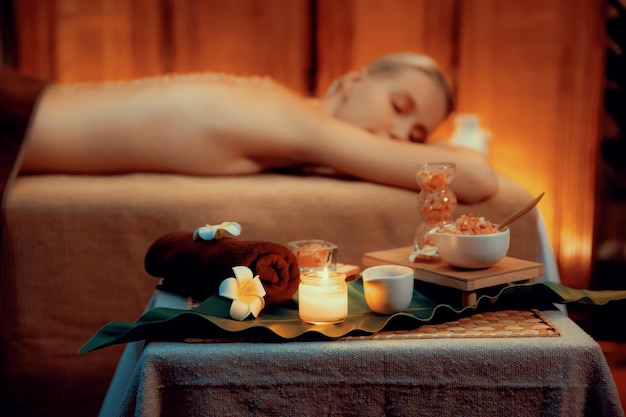 Photo aromatherapy massage ambiance or spa salon composition setup quiescent