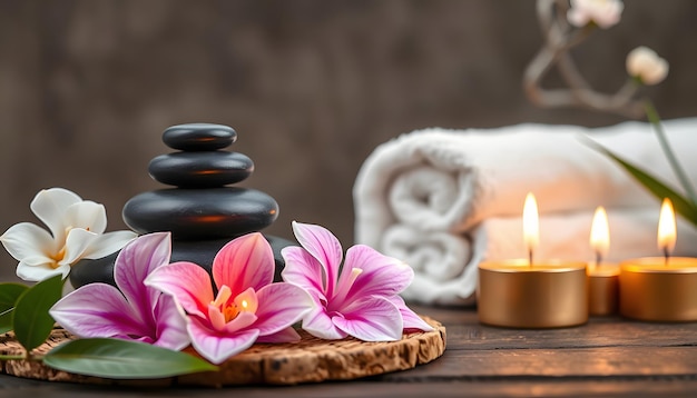 Aromatherapy spa beauty treatment and wellness background with massage stone orchid flowers