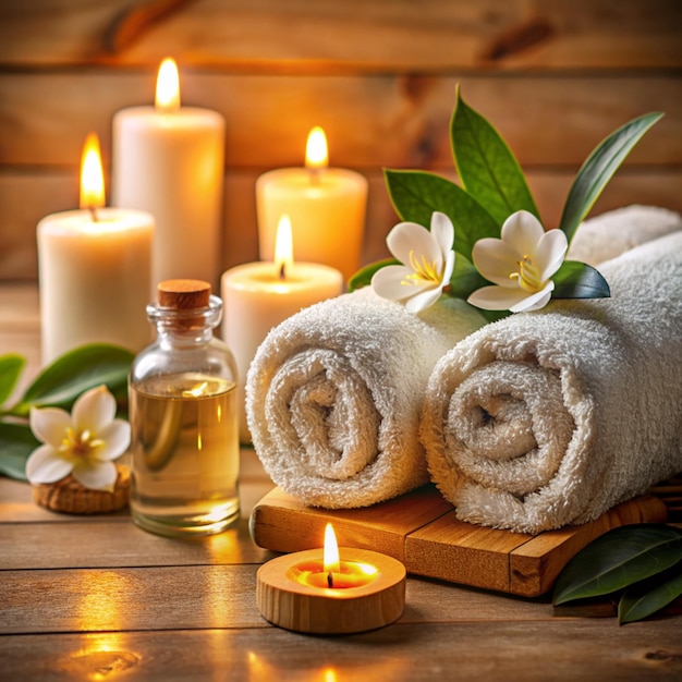 Photo aromatherapy treatment with candles a serene spa setting with a collagen elixir surro