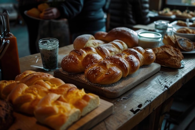 Aromatic Baked buns bread table Generate Ai