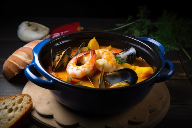 Aromatic bouillabaisse with a hint of saffron in a vintage ceramic pot