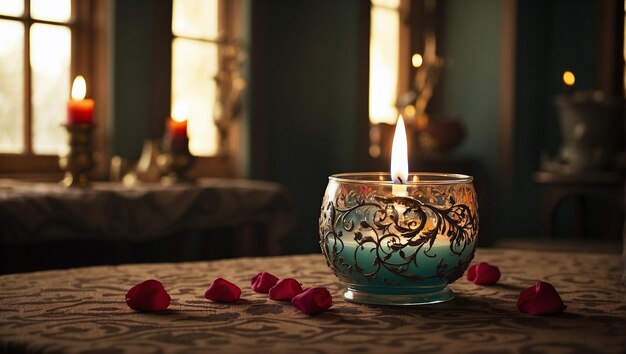 Aromatic candle burning brightly and casting an alluring soft warm glow