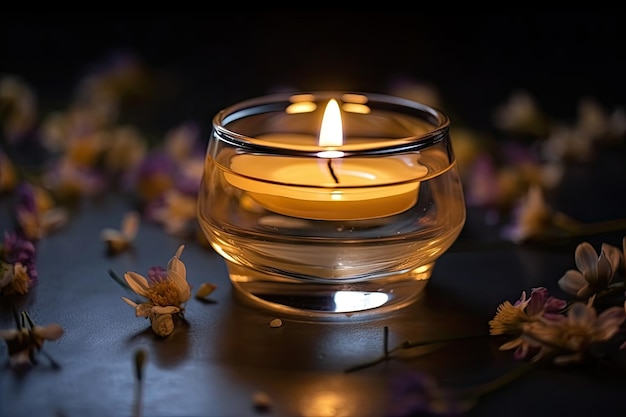 Aromatic candle burning in a clear glass with floating tea lights