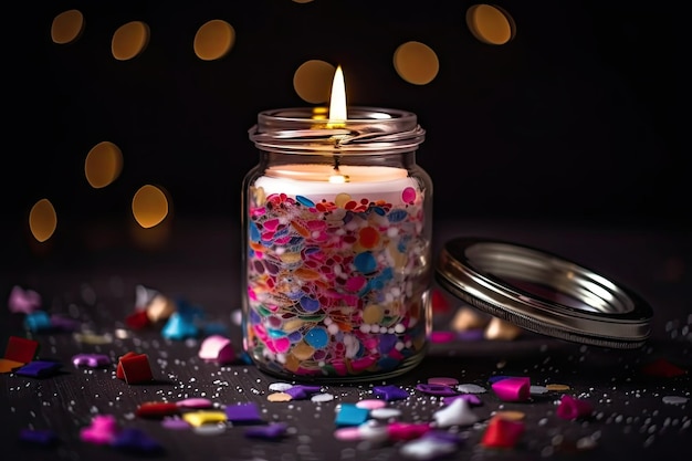 Aromatic candle burning in a jar filled with glitter and confetti