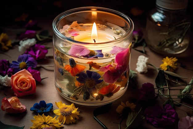 Aromatic candle in a clear glass jar surrounded by colorful flowers