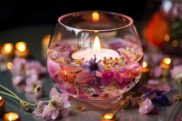 Aromatic candle floating among flowers in a vase