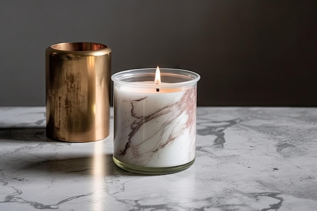 Aromatic candle in a glass jar on a marble tabletop