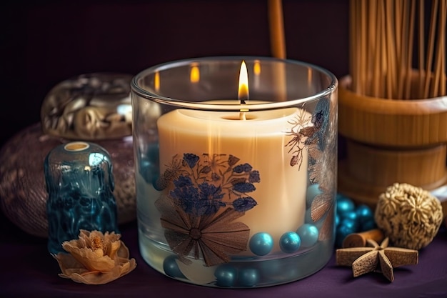 Aromatic candle in a glass surrounded by decorative items