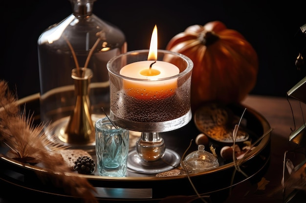 Aromatic candle in a glass surrounded by decorative items