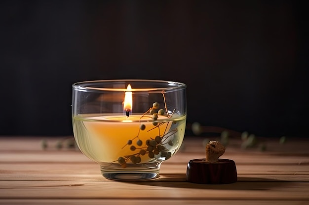 Aromatic candle in a glass vessel on a wooden table