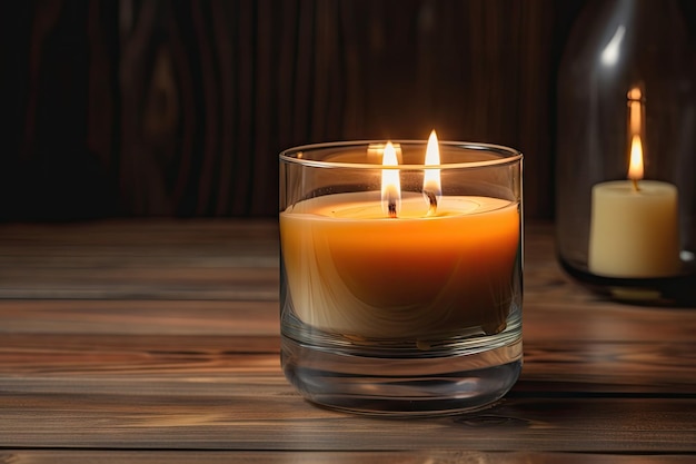 Aromatic candle in a glass vessel on a wooden table