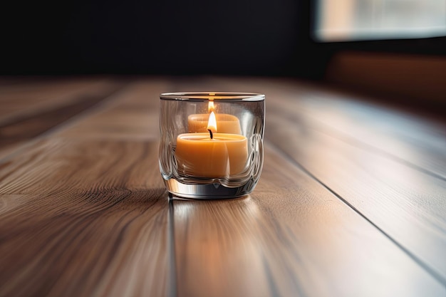 Aromatic candle in a glass on wooden floor