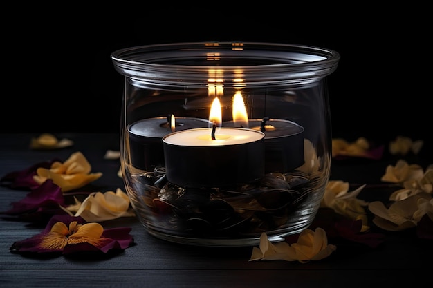 Aromatic candle surrounded by floating tea lights in a black jar