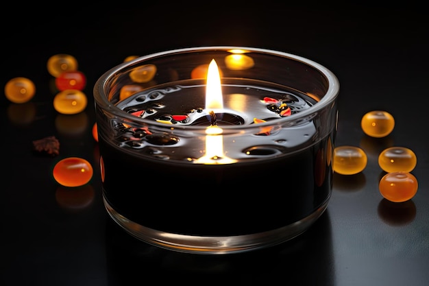 Aromatic candle surrounded by floating tea lights in a black jar