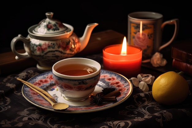 Aromatic candle surrounded by tea cups and teapot