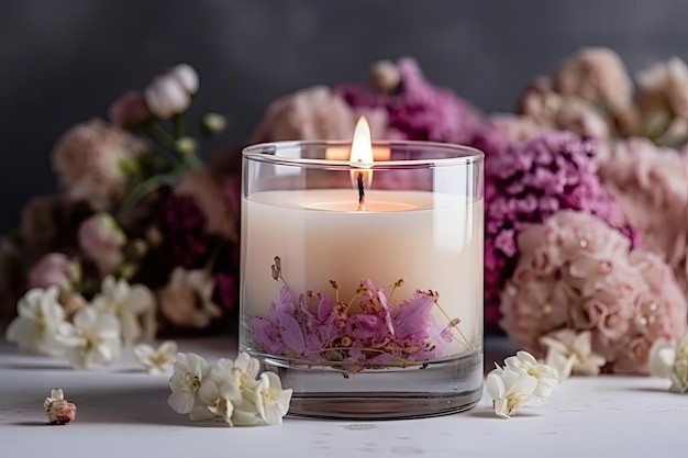 Aromatic candle in a vase surrounded by beautiful blooming flowers